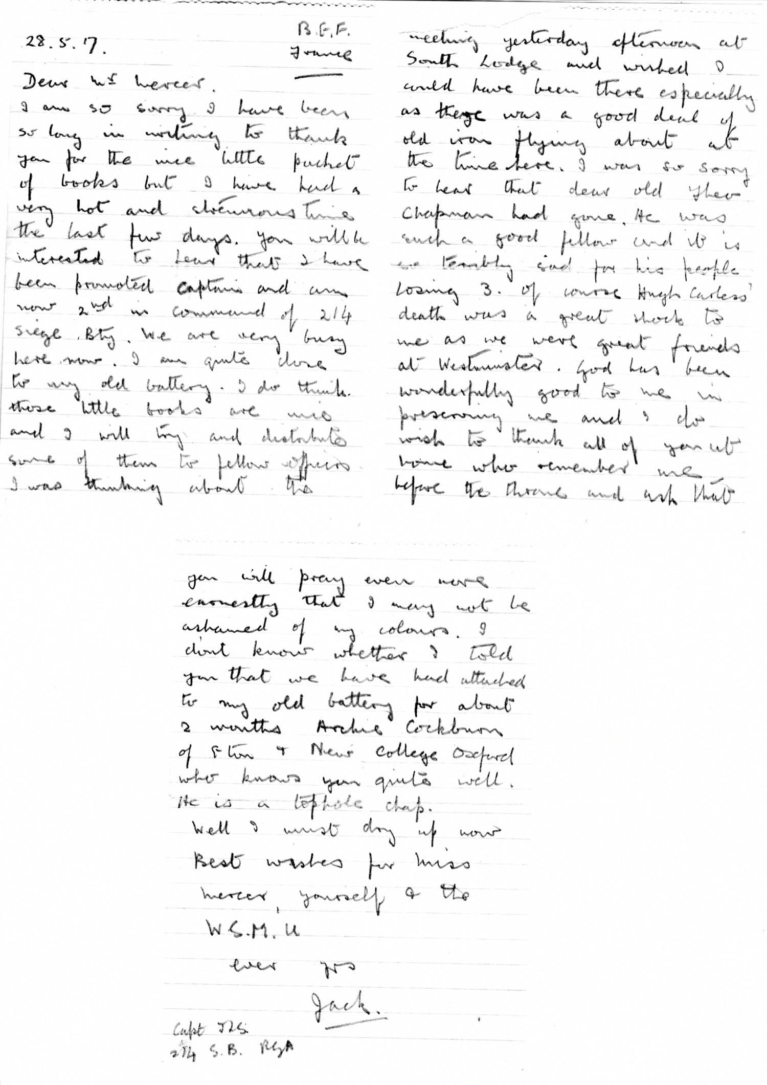 Jack's handwritten letter to Mr Mercer, 28 May 1917